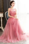 Pink Sleeveless Prom Dress with Flowers, A Line Floor Length Tulle Evening Dress UQ1775