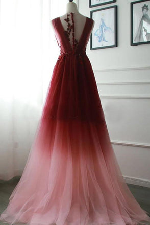 A Line V Neck Tulle Ombre Prom Dress, Cheap Appliqued Party Dresses UQ2447