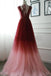 A Line V Neck Tulle Ombre Prom Dress, Cheap Appliqued Party Dresses UQ2447