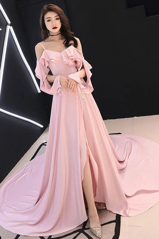Spaghetti Straps Simple Pink Chiffon Long Prom Dress A Line Evening Dress with Ruffle N2094
