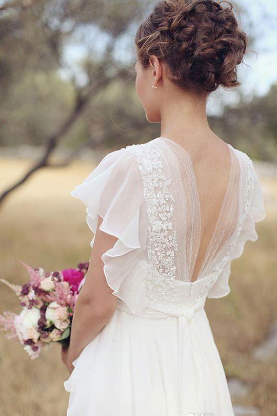 Ivory V Neck Chiffon Boho Wedding Dress, Unique Cap Sleeves Beach Wedding Dress with Ruffles UQ2505