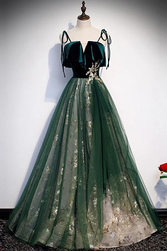 Spaghetti Straps Tulle Lace Green Prom Dress, Floor Length Lace Up For cherishgirls Spaghetti Straps Tulle Lace Green Prom Dress, Floor Length Lace Up For cherishgirls