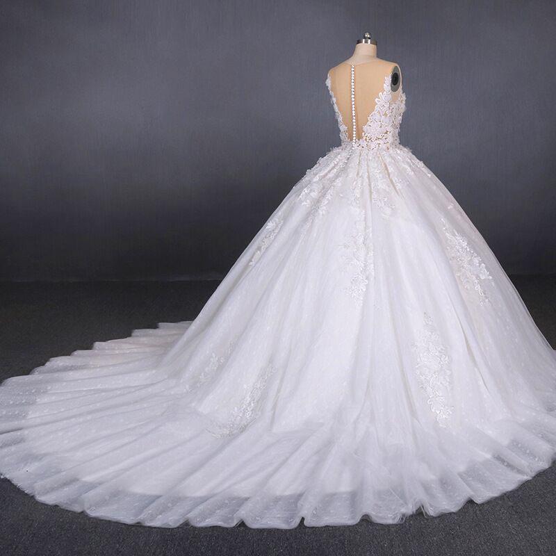 Ball Gown Sheer Neck Sleeveless White Wedding Dresses, Lace Appliqued Bridal Dress UQ2297