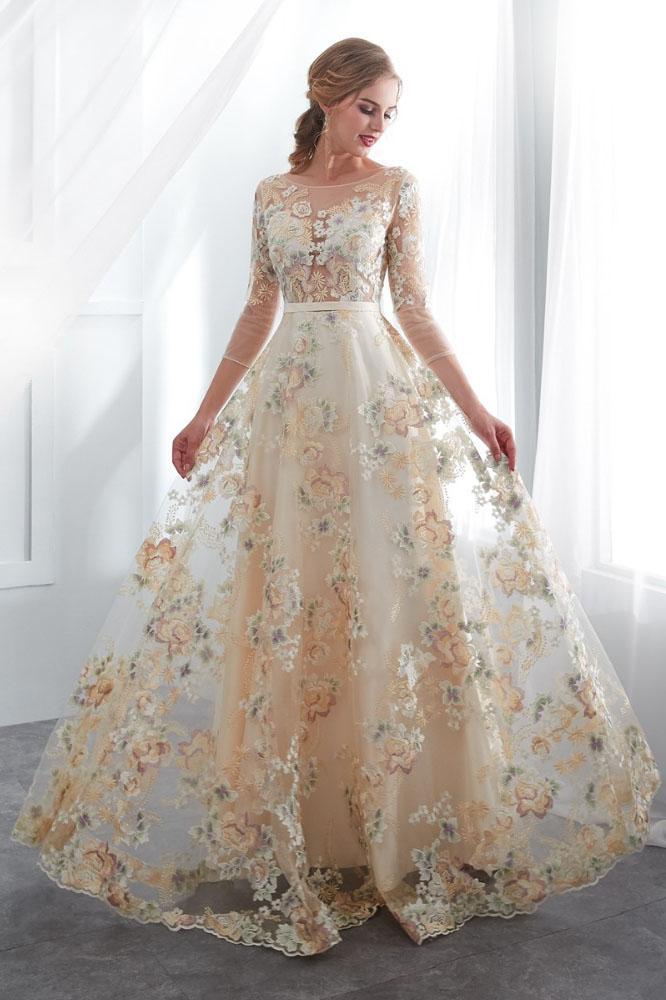 A Line Floor Length Floral Prom Dresses 3/4 Sleeves A-line Empire Waist Long Evening Gowns N2277