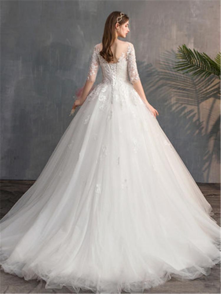 Romantic 3/4 Sleeves Illusion Neckline Lace Appliqued Wedding Dresses UQ2555