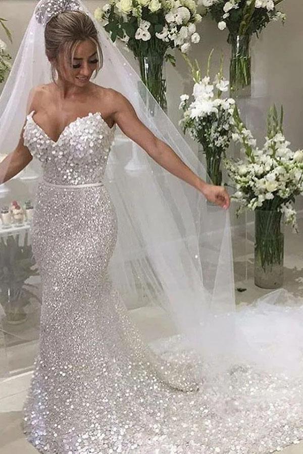 Gorgeous Mermaid Sweetheart Chapel Train Sequined Wedding Dress UQ2501