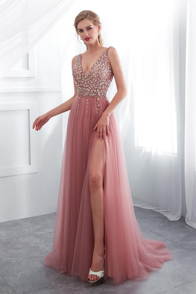 Beading V neck Pink High Split Tulle Sweep Train Sleeveless Prom Dress with Sequins UQ2278
