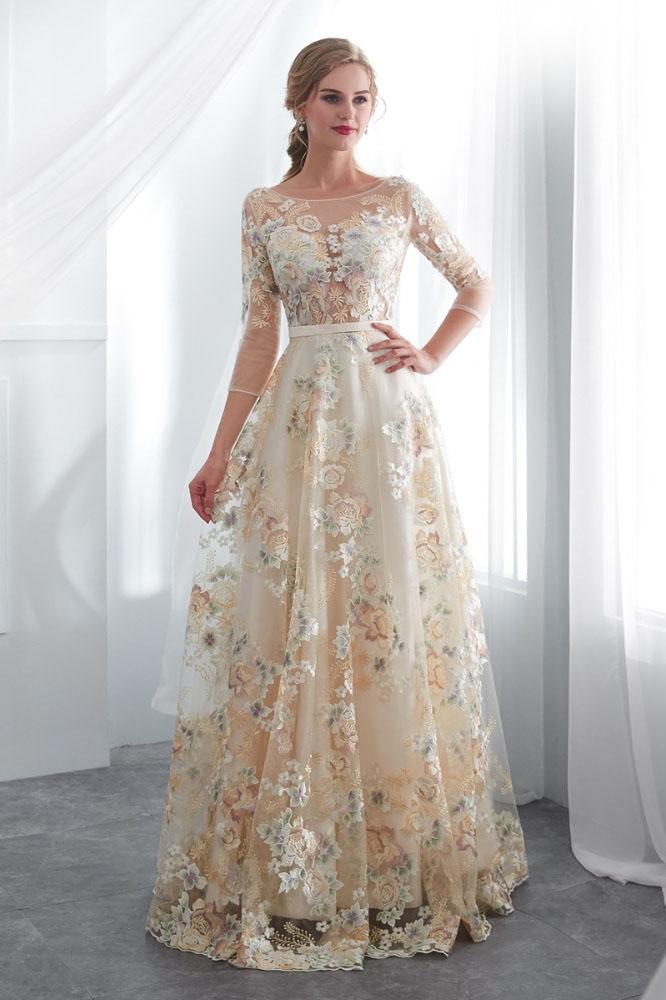 A Line Floor Length Floral Prom Dresses 3/4 Sleeves A-line Empire Wais cherishgirls A Line Floor Length Floral Prom Dresses 3/4 Sleeves A-line Empire Wais cherishgirls