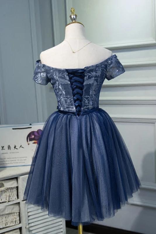 A Line Off the Shoulder Tulle Prom Dress with Belt, Cute Graduation Dress with Applique UQ1968