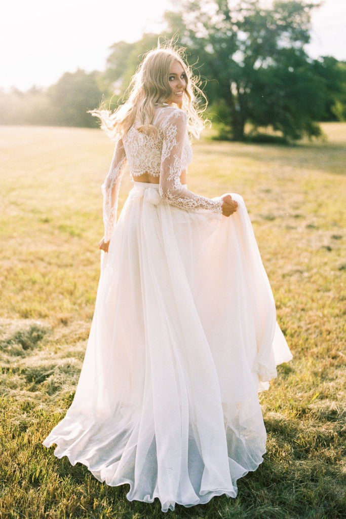 Romantic Two Piece Long Sleeves Wedding Dress with Lace, A Line Ivory cherishgirls Romantic Two Piece Long Sleeves Wedding Dress with Lace, A Line Ivory cherishgirls
