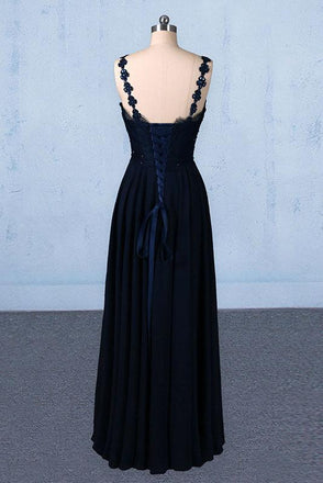 Dark Navy Blue Straps Floor Length Evening Dresses, Long Chiffon Prom Dress with Lace UQ2292