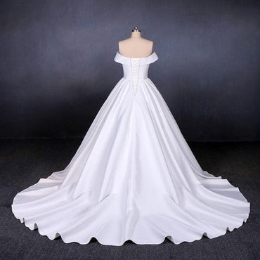 Puffy Off the Shoulder Satin Wedding Dress, Ball Gown Long Bridal Dress with Long Train UQ2286