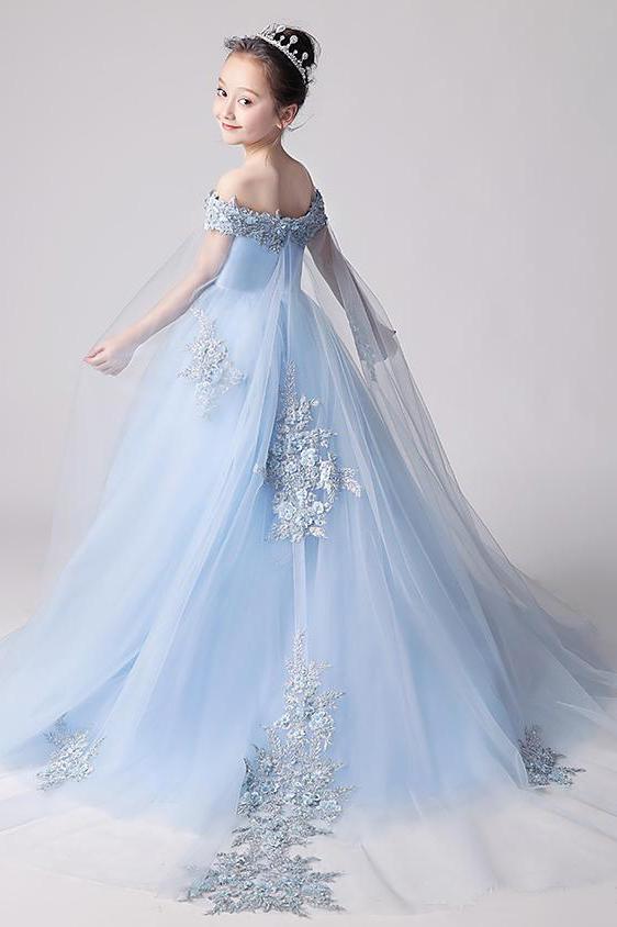 Beauty Blue Off the Shoulder Applique Flower Girl Dresses, Long Sweep cherishgirls Beauty Blue Off the Shoulder Applique Flower Girl Dresses, Long Sweep cherishgirls
