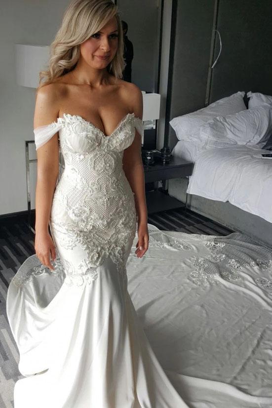 Gorgeous Mermaid Off the Shoulder Wedding Dress with Lace Appliques Pearls N2497
