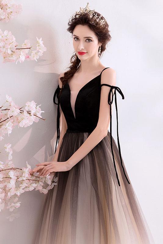 Black Deep V Neck Sleeveless Floor Length Tulle Ombre Prom Dress UQ2313