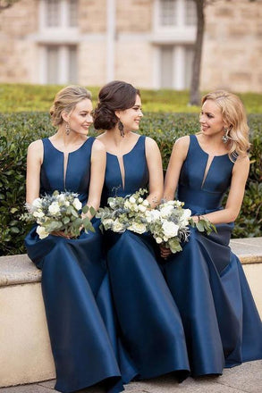 Modest A-line Satin Sleeveless Floor Length Simple Cheap Bridesmaid Dresses Prom Gowns UQ2512