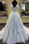 Puffy V Neck Sleeveless Tulle Wedding Dresses, Appliques Long Bridal Dresses UQ2275