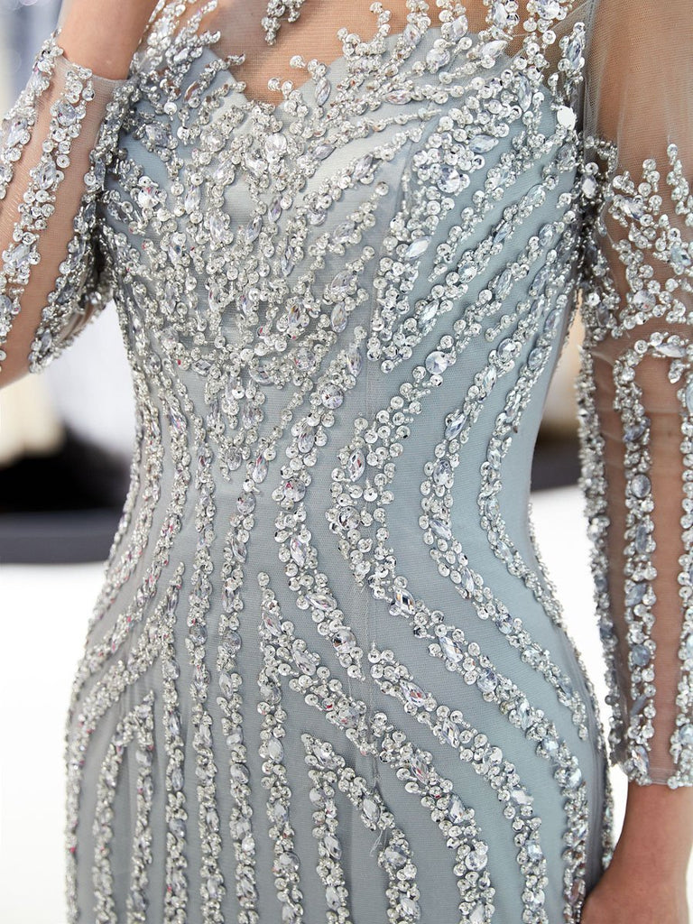 Gray Beaded Evening Dresses Luxury Mermaid Crystal Sweep Train Long Sleeves Prom Dress UQ2281