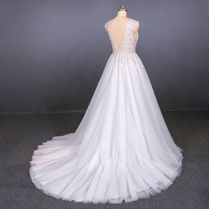 Sexy V Neck Tulle Wedding Dress with Lace Appliques, A Line Backless Bridal Dress UQ2287