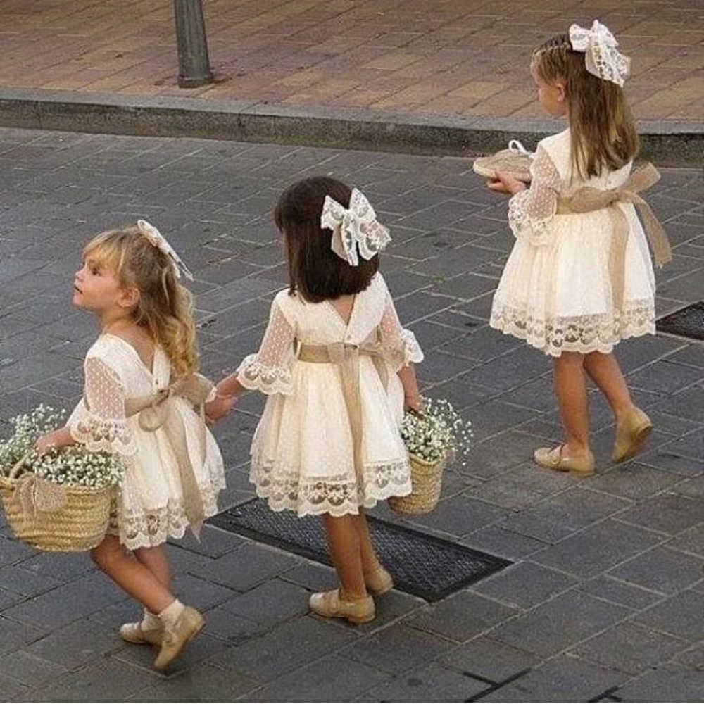 A Line 3/4 Sleeve Lace Flower Girl Dresses Above Knee Baby Dress with Sash UF083