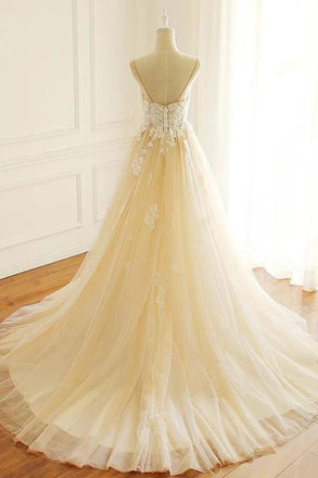 Spaghetti Straps A-line Long Custom Cheap Wedding Bridal Dresses, Lace Applique Bridal Dress UQ2426