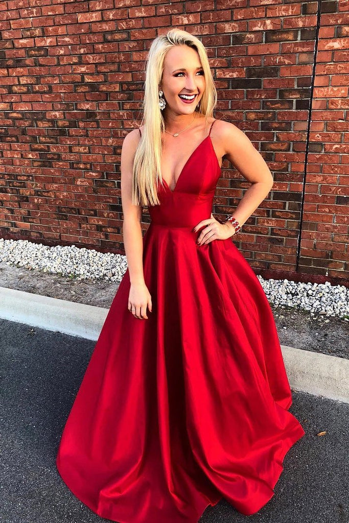 a line v neck satin prom dress A-line V-neck Satin Long Cheap Red Prom Dresses with Pocket APD3101 SheerGirl