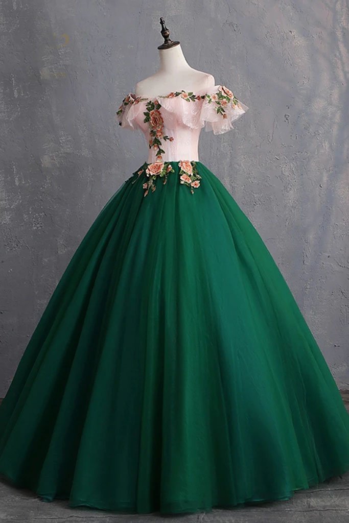 Green Off the Shoulder Floor Length Prom Dress with Appliques, Puffy Quinceanera Dress UQ2299