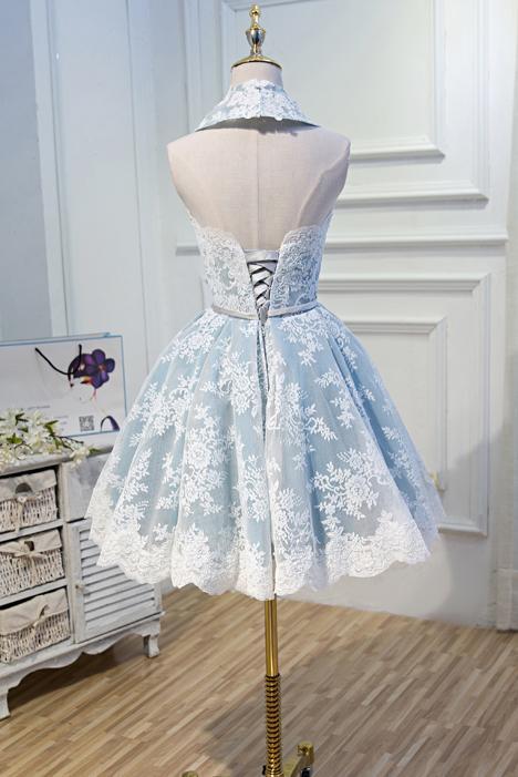 Light Sky Blue Halter Homecoming Dress with Lace Appliques, Cute Short cherishgirls Light Sky Blue Halter Homecoming Dress with Lace Appliques, Cute Short cherishgirls