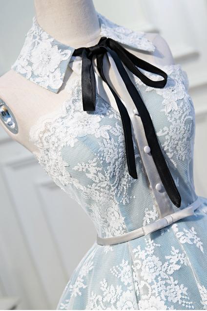 Light Sky Blue Halter Homecoming Dress with Lace Appliques, Cute Short Formal Dress UQ1971