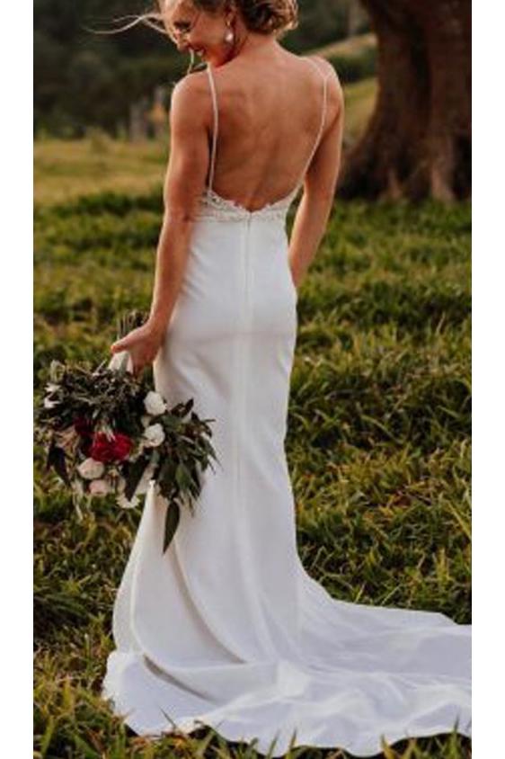 Vintage Lace Top Spaghetti Strap Backless Long Wedding Dresses, Cheap Bridal Dresses UQ1774