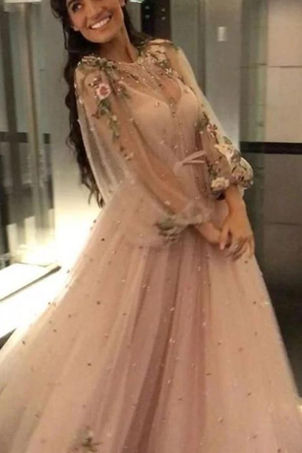 Unique Long Sleeves Tulle Prom Dress with Flowers, Charming Formal Dress with Flowers UQ2612