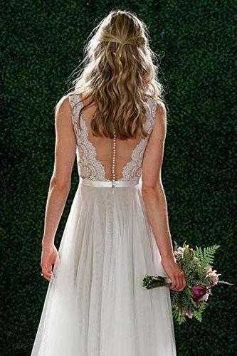 A Line Floor Length V Neck Sleeveless Tulle Beach Wedding Dress with Lace UQ2401