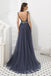 Luxury Gray V Neck Sleeveless Tulle Long Prom Dress with Beads Crystal UQ2283
