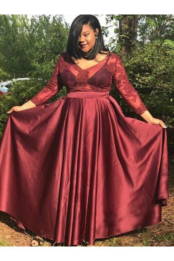 A Line V Neck Satin Prom Dress with 3/4 Sleeves, Floor Length Applique cherishgirls A Line V Neck Satin Prom Dress with 3/4 Sleeves, Floor Length Applique cherishgirls