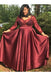 A Line V Neck Satin Prom Dress with 3/4 Sleeves, Floor Length Appliques Plus Size Dress UQ2215