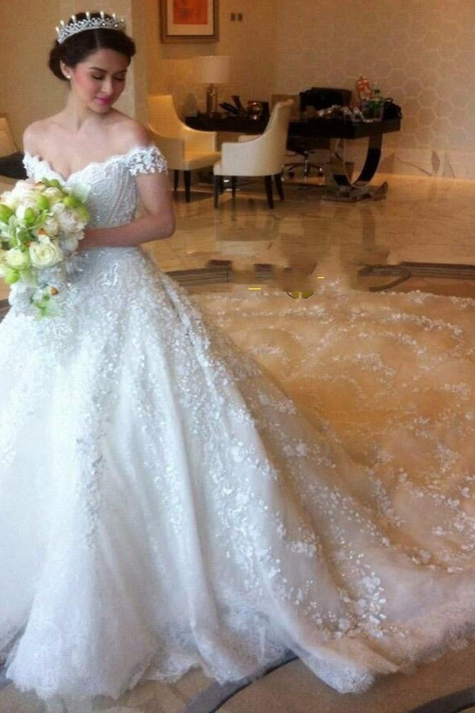 Gorgeous Off the Shoulder Puffy Lace Wedding Dress, Princess Lace Bridal Dress N2086