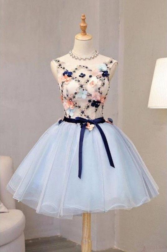 Vintage Light Blue Flower Short Princess Homecoming Dress Party Dresse cherishgirls Vintage Light Blue Flower Short Princess Homecoming Dress Party Dresse cherishgirls