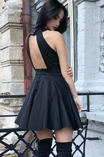 Black Lace Satin Simple Cheap Homecoming Dresses, Fashion Sleeveless Short Prom Dress UQ1819