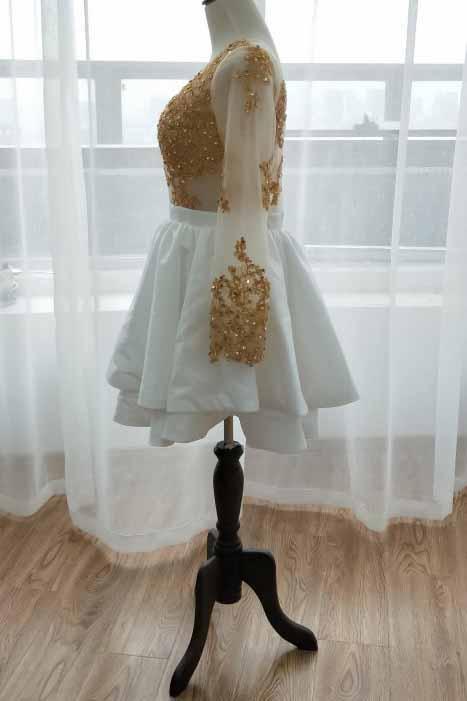 White Long Sleeve Homecoming Dress with Gold Lace Appliques, V Neck Sh cherishgirls White Long Sleeve Homecoming Dress with Gold Lace Appliques, V Neck Sh cherishgirls