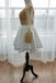 White Long Sleeve Homecoming Dress with Gold Lace Appliques, V Neck Short Prom Dress UQ1755