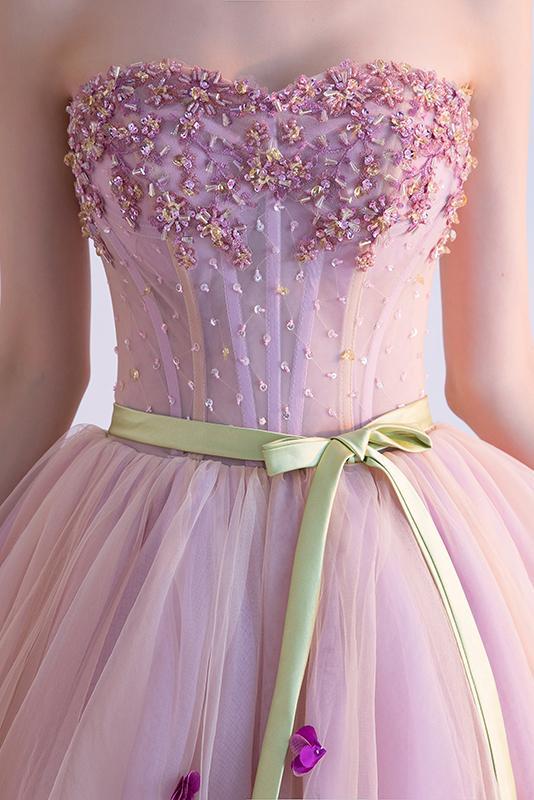 Pink Sweetheart Tulle Homecoming Dress with Ribbon, Short Prom Dress with Beads UQ1728