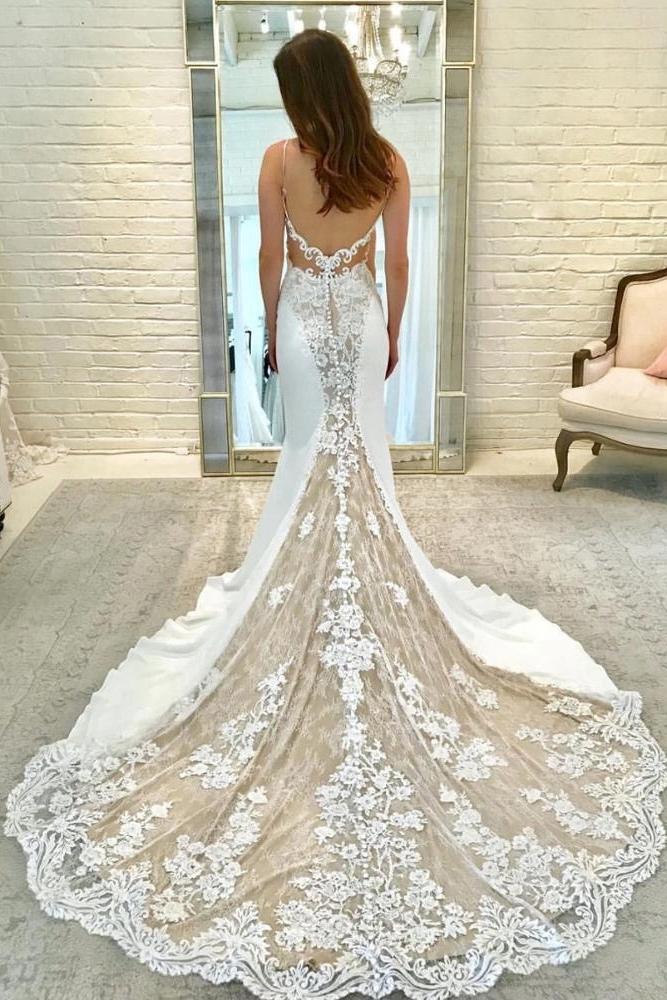 Illusion Long Sleeve Lace Mermaid Wedding Dresses, Gorgeous Long Bridal Dresses UQ1778
