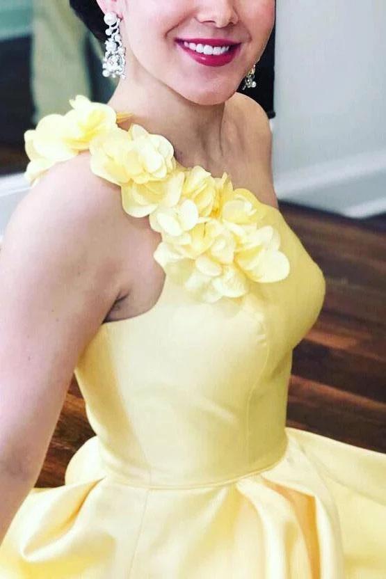Daffodil Simple One Shoulder Satin Floor Length Prom Dress with Flower, Long Party Dress UQ2410