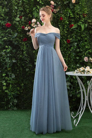 Cheap Off Shoulder Tulle Long Prom Dress with Short Sleeves,  Simple Bridesmaid Dresses UQ2322