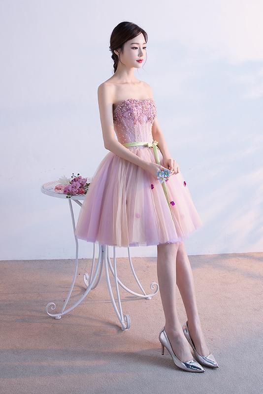 Pink Sweetheart Tulle Homecoming Dress with Ribbon, Short Prom Dress with Beads UQ1728