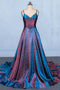 Blue A Line V Neck Sleeveless Prom Dress, Spaghetti Straps Long Evening Dresses UQ2328