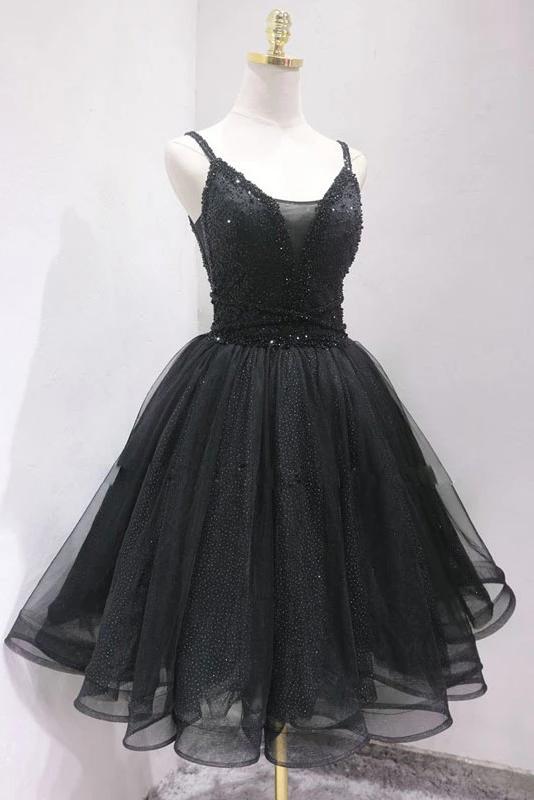 Black Tulle Beading Short Prom Dress, Puffy Black Straps