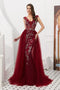 Burgundy V Neck Sleeveless Tulle Long Prom Dress with Beads Crystal UQ2282