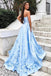 Sky Blue Strapless Satin Prom Dress with Flowers, Elegant Party Dress with Pockets UQ2610