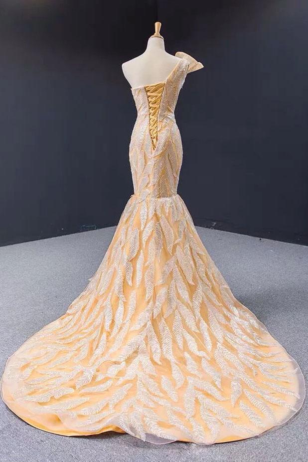 Luxurious Mermaid One Shoulder Long Prom Dress Gorgeous Yellow Evening Dresses UQ2413